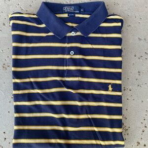 Polo by Ralph Lauren Vintage Pique Mesh Knit Polo Shirt Navy & Yellow Stripe XL